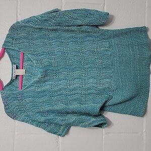 Two One Two New York Open Knit Sweater Top Teal Blue Size XLG Made USA